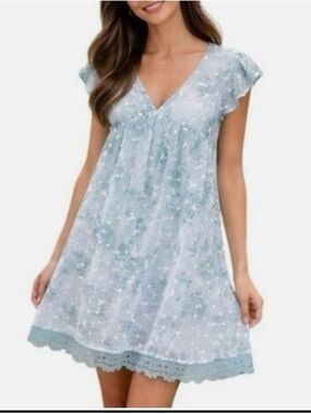 Anthropologie By the River Light green Floral Lace-Trim Babydoll Dress SzL